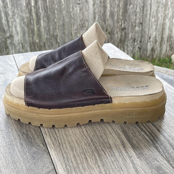 Skechers Jammers Sandals Women 11 Brown Leather Chunky Platform Slide Y2K Shoes - Picture 3 of 11